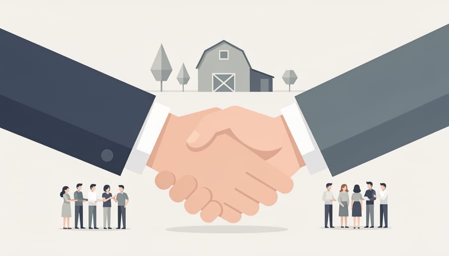Farmer and CSA member shaking hands at a farm event with produce stands blurred in the background.