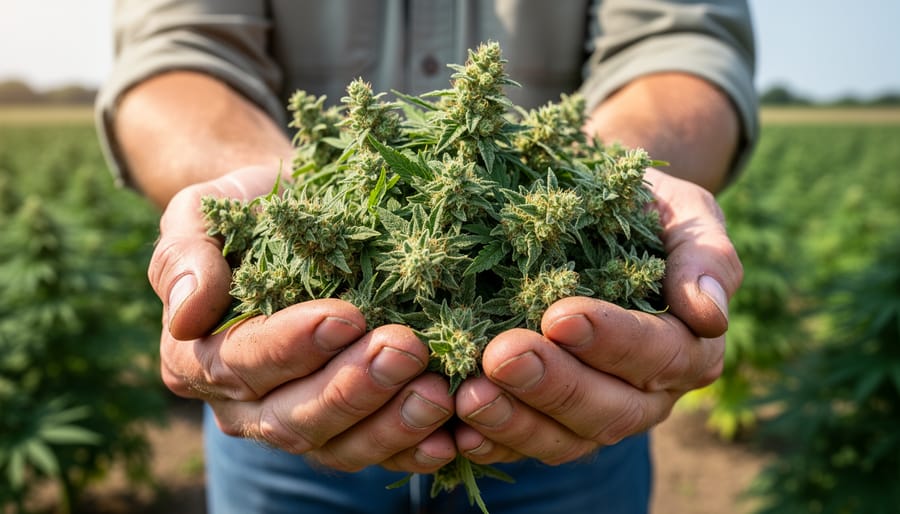 Farmer’s gloved hands holding freshly cut hemp flowers over a wooden table with soft background of farm tools and drying racks.