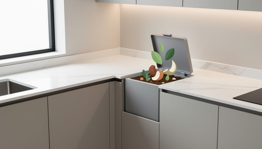 Fine dining kitchen compost bin with vegetable peelings and kitchen activity in the background
