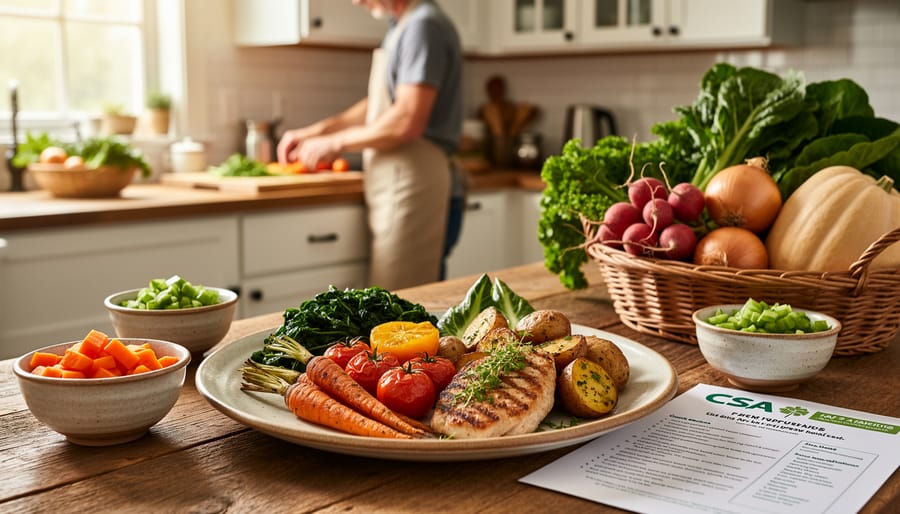 Finished CSA cooking class meal on a wooden table with roasted vegetables and sautéed greens.
