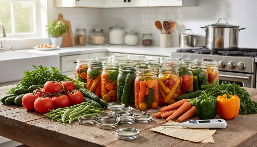 Fresh CSA produce in a harvest basket on a table before canning