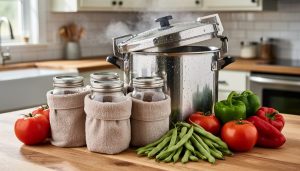 Stainless steel pressure canner with glass canning jars on a wooden countertop, surrounded by fresh garden vegetables.