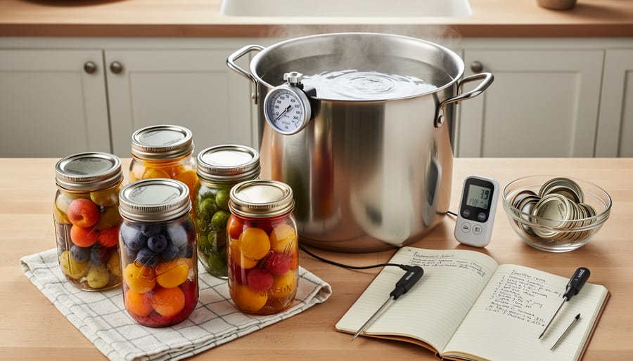 Home canning station with glass jars, lids, a water bath pot, and a thermometer on the counter