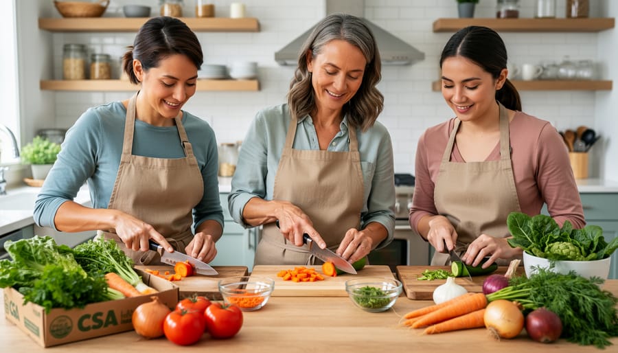 Instructor and CSA members practicing vegetable prep during a cooking basics class.
