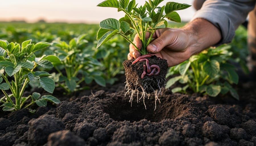 Lush green vegetable rows with visible soil life in healthy farm soil.