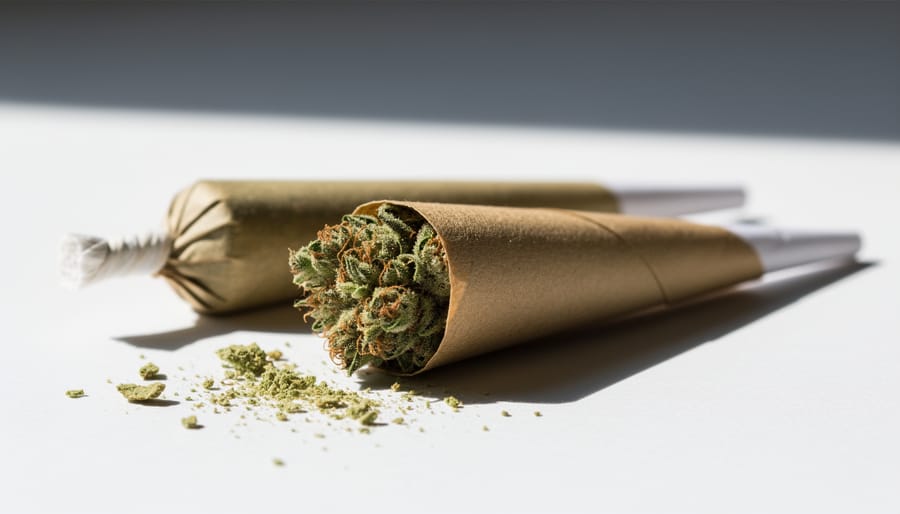 Macro close-up of hemp pre-roll joints on kraft paper next to a small glass jar with dried hemp, softly lit in a clean setting.