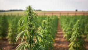 “Lush organic hemp plants growing in a regenerative farm field under soft natural daylight, shot with shallow depth of field.”