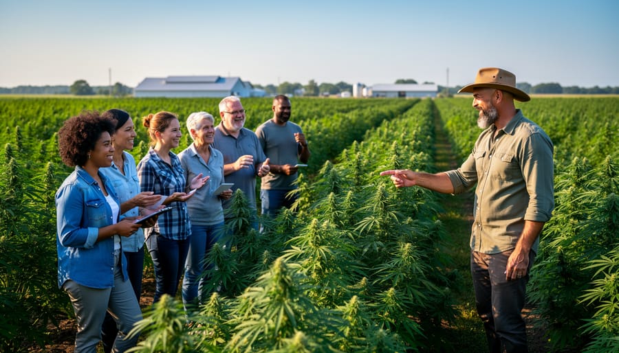 People visiting an organic hemp CSA farm and standing near crop rows while one person holds a clipboard for reference.