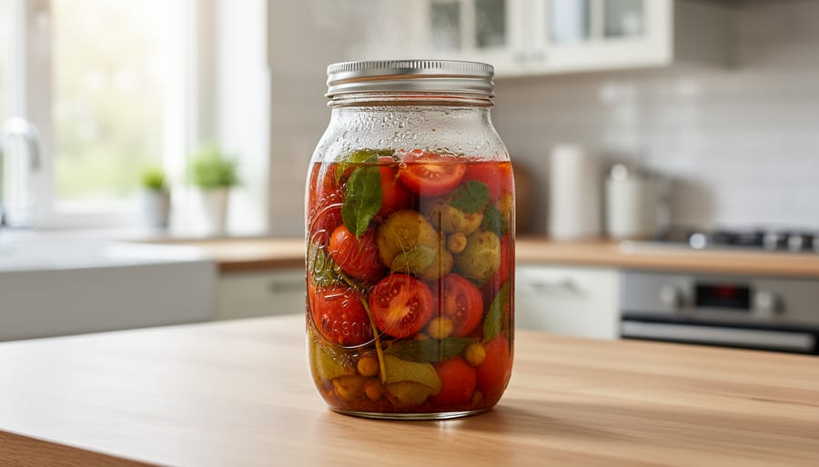 Person holding a sealed glass canning jar with sunlit reflections during cooling