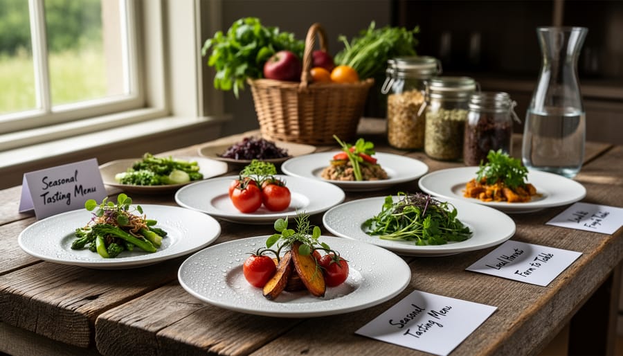 Seasonal fine dining table set with plated dishes featuring vegetables and fresh herbs