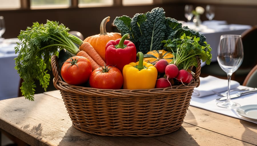 Seasonal produce in a CSA-style harvest basket on a kitchen counter near cooking tools