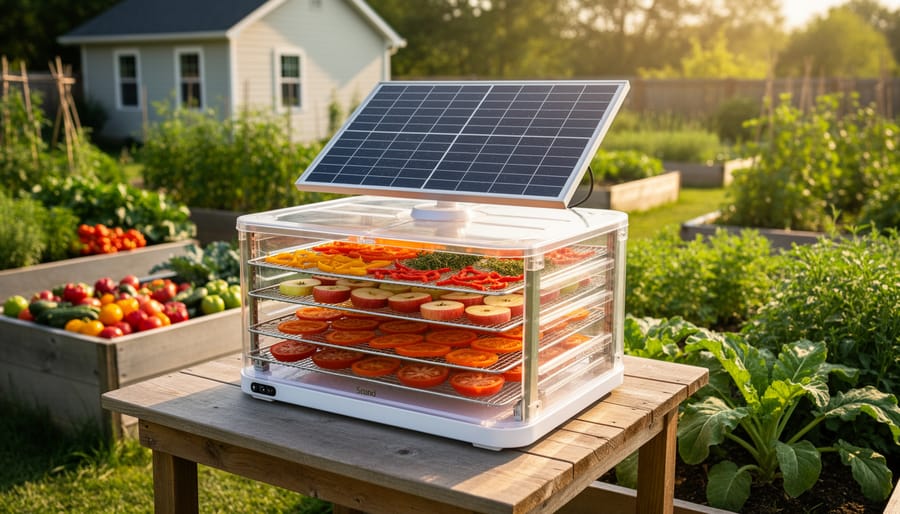 Solar food dehydrator on a sunny patio drying trays of sliced fruits and vegetables.