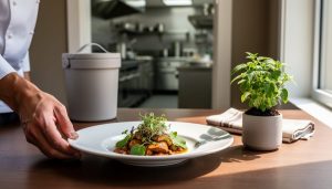 Fine dining plate with fresh herb garnish on a restaurant table, with subtle sustainability elements like a compost bin and herb garden in the background.