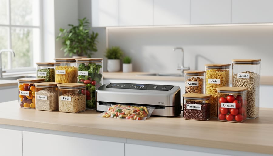 Vacuum sealer and reusable glass jars with metal lids on a kitchen counter with vegetables prepared for storage.