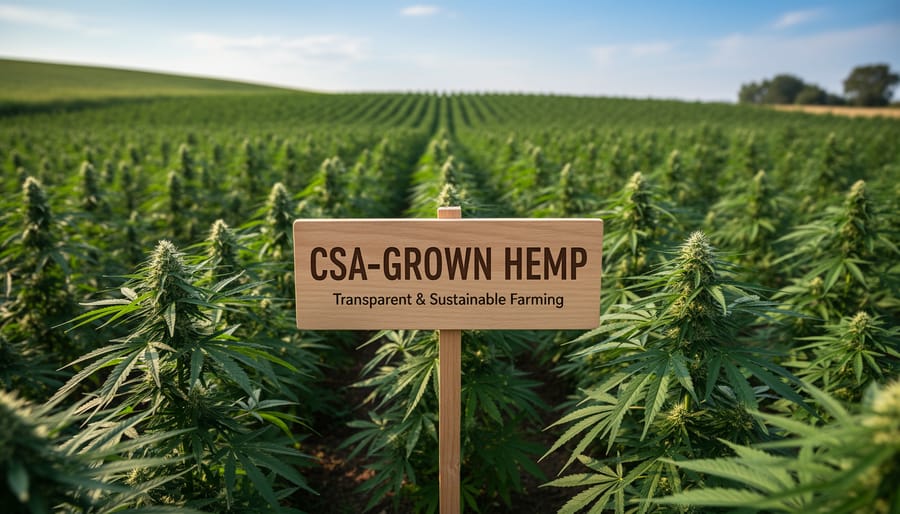 Wide view of an organic hemp field with green stalks swaying, shot from a path toward a rustic farm barn in the distance.