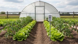 5G monitoring sensor mounted on a stake in a small CSA vegetable garden next to lettuce and tomato rows with a greenhouse in the background.