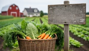 Fresh organic vegetables in a wicker CSA produce basket at a Canadian farm pickup area, with a barn and fields softly blurred in the background.