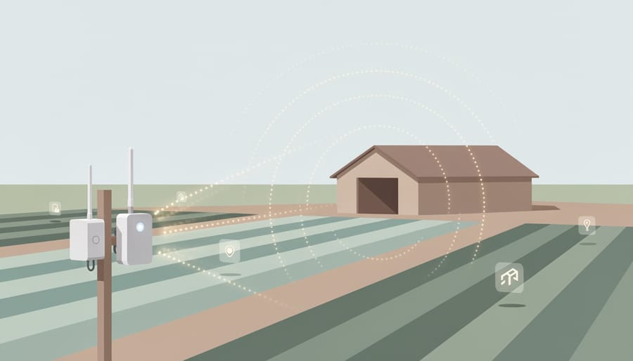 Weatherproof sensor devices mounted on a fence post near a greenhouse entrance