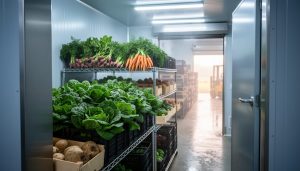 Leafy greens and root vegetables stored in a refrigerated walk-in cooler on a CSA farm, with stainless shelving and cool ambient lighting.