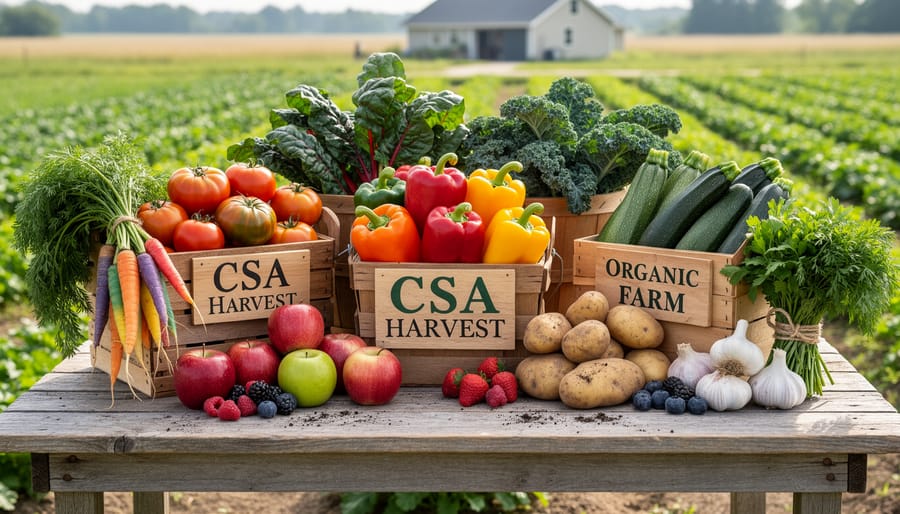 Mixed seasonal vegetables in wooden crates at a CSA farm market table with soft natural lighting.