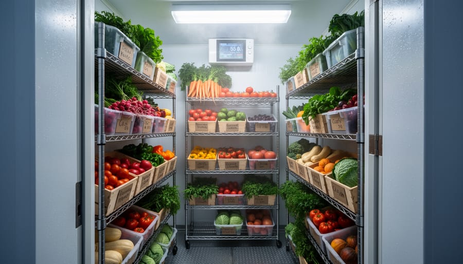 Crates of fresh CSA produce stored inside a walk-in cold storage cooler with cool lighting and clean metal surfaces.
