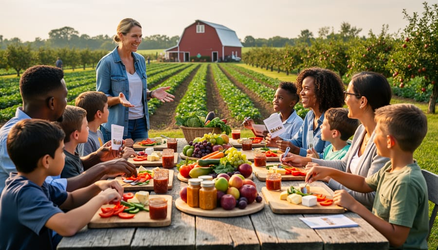 Guests tasting food alongside a chef and farmer during an educational farm-to-table event