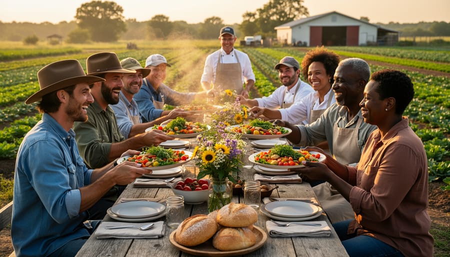 Chef and farmers serving guests at a rustic farm dinner table during golden hour