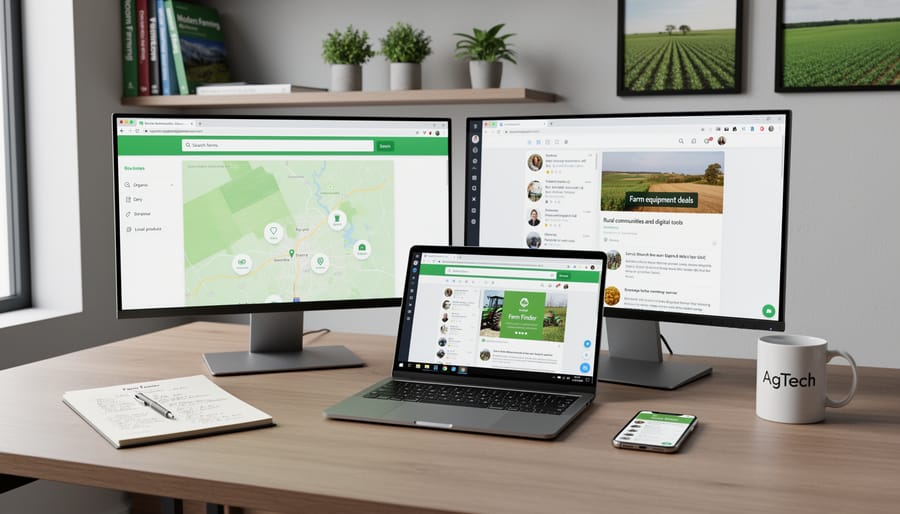 Laptop on a farm directory operator’s desk with agriculture-related items surrounding it, illustrating online management of farming information