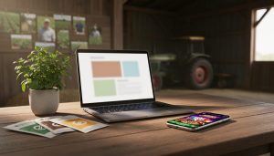 A farmer directory operator’s desk with agriculture items and a laptop glow, while blurred smartphone ad previews suggest gambling promotions.
