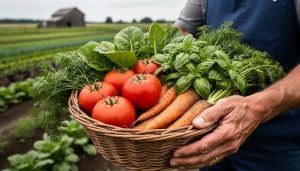 Farmer holding a woven basket of freshly harvested vegetables and herbs at the edge of a farm field.