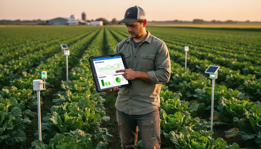 CSA farmer kneeling in a vegetable row with a sensor node on a trellis post nearby
