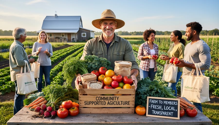Farmer handing a reusable produce basket to a CSA member at a farm pickup area during golden hour.