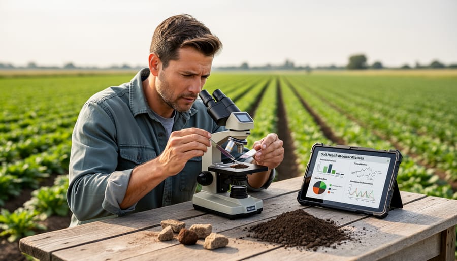 Farmer inspecting a soil sample slide through a binocular microscope