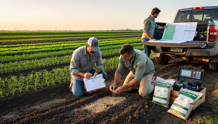 Farmer carrying a seed bucket while walking through a cover-crop field at golden hour