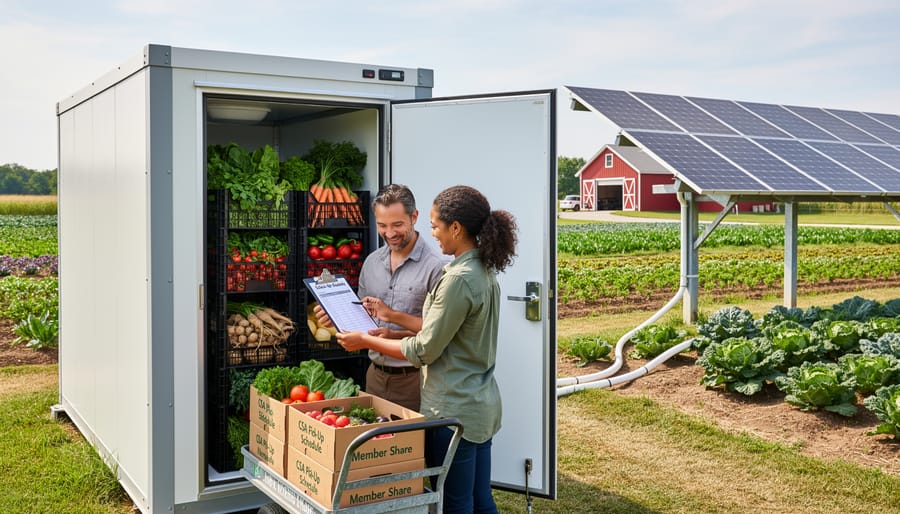 Farmer standing near a walk-in cold storage cooler with solar panels nearby at a CSA farm during golden hour.