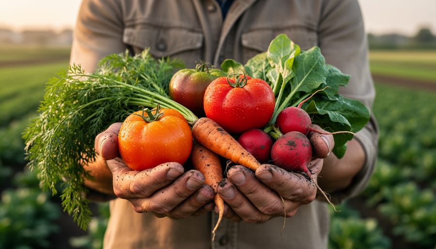 Farmer holding a basket of freshly harvested vegetables and herbs at the edge of a farm field