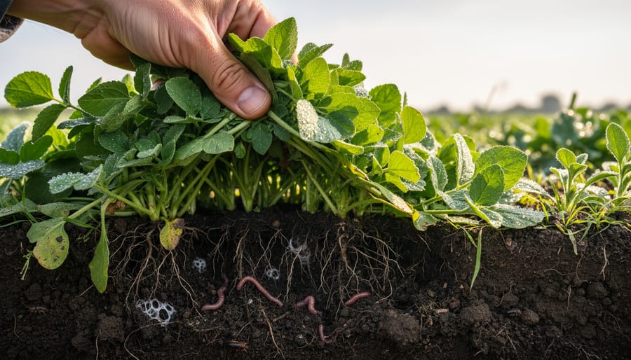 Close-up of dark crumbly soil with visible roots and soil life held in a gardener’s hand
