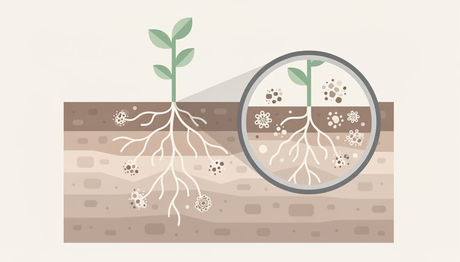 Dark crumbly soil with visible root hairs and healthy seedlings in golden hour light