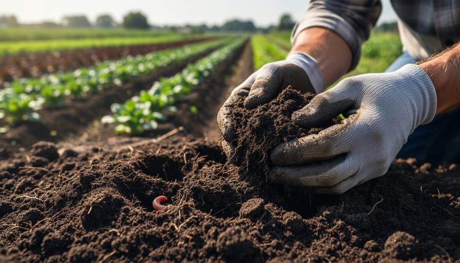 Close-up of dark fertile soil with compost and small seedlings growing from healthy earth.