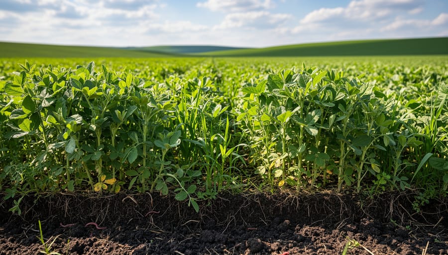 Lush cover crop plants growing in a regenerative farm field with visible soil texture