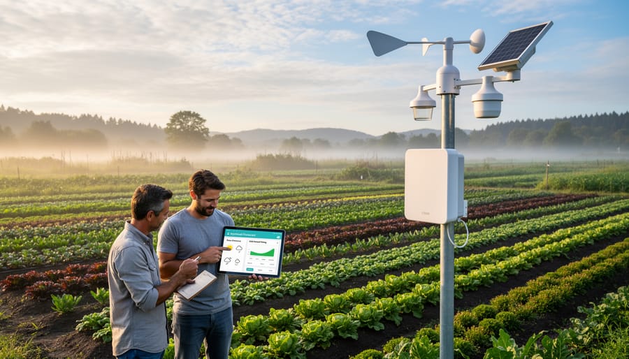 Micro-weather station mounted near crop rows in a rural CSA field