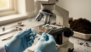 Gloved hands holding a microscope slide with a living soil sample above a compound microscope, with soil and lab tools blurred in the background.