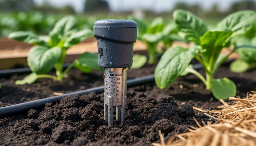 Soil sensor probe inserted into rich dark soil in an organic raised garden bed