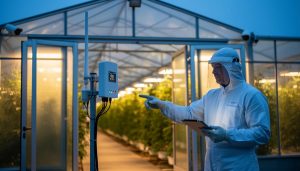 Farmer standing at a smart greenhouse with connected IoT sensors and a small wireless antenna mast, representing 5G cybersecurity risks for farm networks.