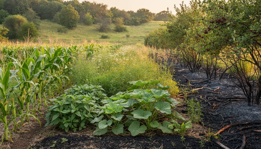 Berry and native plants growing in an agroecosystem edge with dark nutrient-rich soil near light burn residue