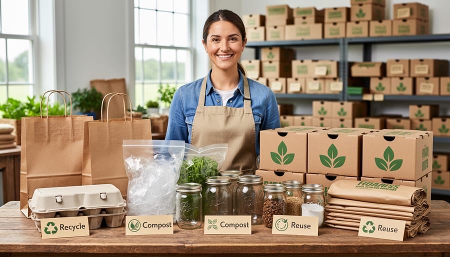 A CSA worker holding a mixed box containing paperboard, brown paper bags, and a glass jar with other sustainable packaging materials.