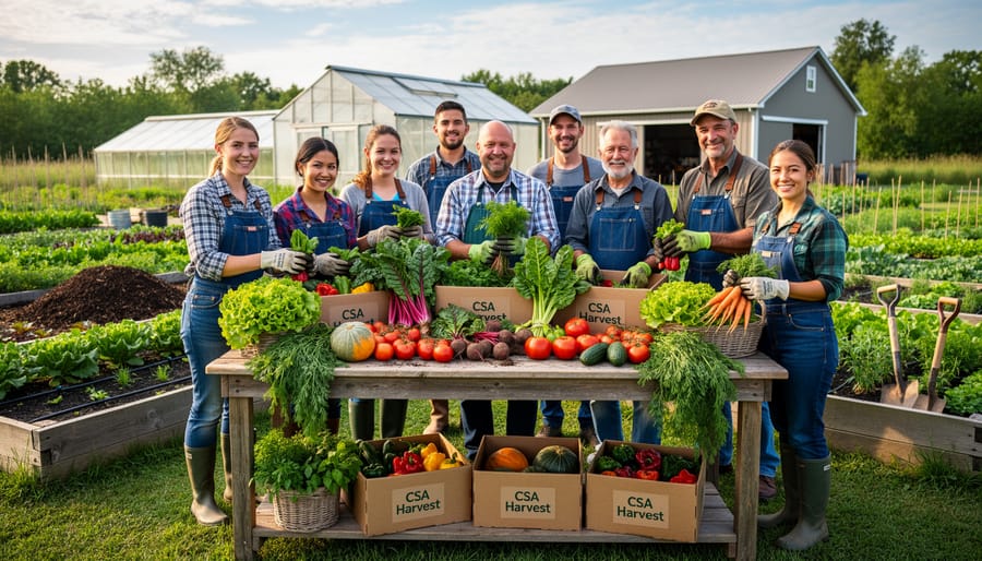 Farmer’s hands arranging a CSA farm table with harvested greens and herbs in wooden crates