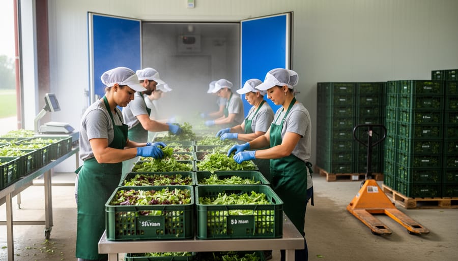 CSA workers loading harvested leafy greens into insulated crates beside a walk-in cooler entrance