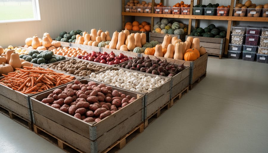 Winter squash and root vegetables arranged on ventilated racks in a cool farm storage room
