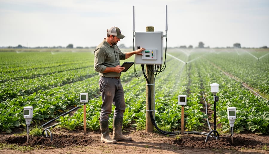 Farmer kneeling by a weatherproof irrigation control box and connected sensor cables in a field
